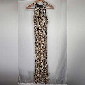 Nightway Black Gold Lace Mermaid Prom Gown Halter Keyhole Formal Dress 4P